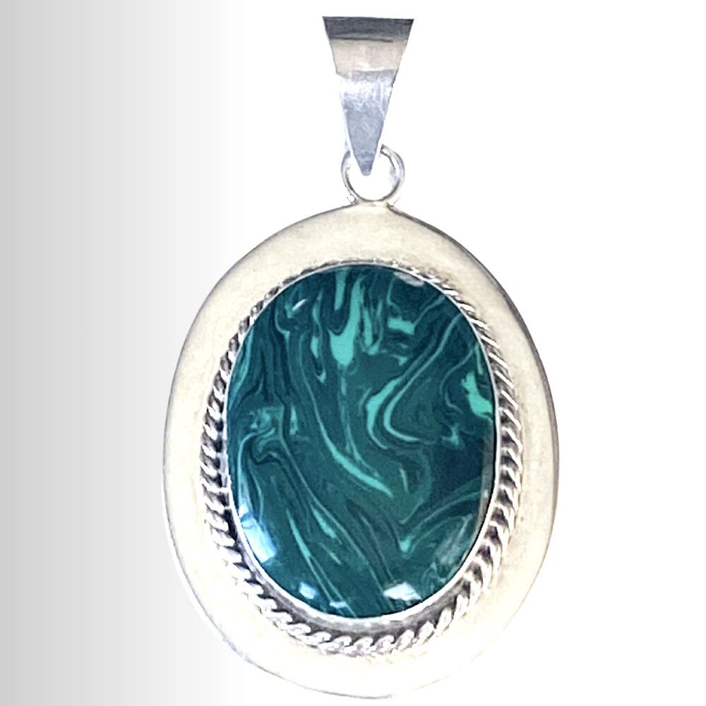 VTG Pendant MEXICO 925 Sterling Silver Green Malachite 18g Large Stamped Signed
